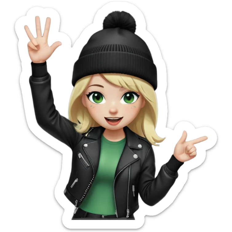 iPhone emoji style girl, blonde hair, black beanie, green eyes, freckles, winking, tongue out. Wearing black leather jacket, black leggings, big boobs, long white socks. Right hand doing "OK" sign. Full body, playful skater vibe, transparent background. sticker