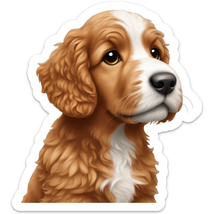 Red goldenoodle puppy with white tuft at end of nose and white spot on top of head sticker