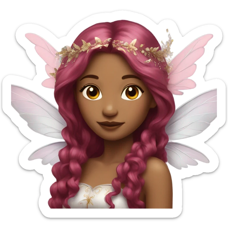 Beautiful, flower, fairy, pink, silver, gold, long burgundy hair, wings sticker
