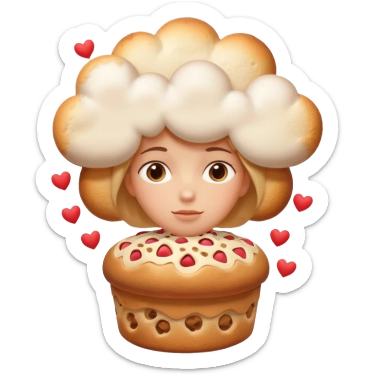 Apple-style emoji illustration of a person with dreamy eyes, and avobe them a thinking cloud with a traditionmal panettone inside, small hearts floating around, soft 3D emoji style, smooth gradients, rounded shapes, warm festive colors, simple expression. sticker
