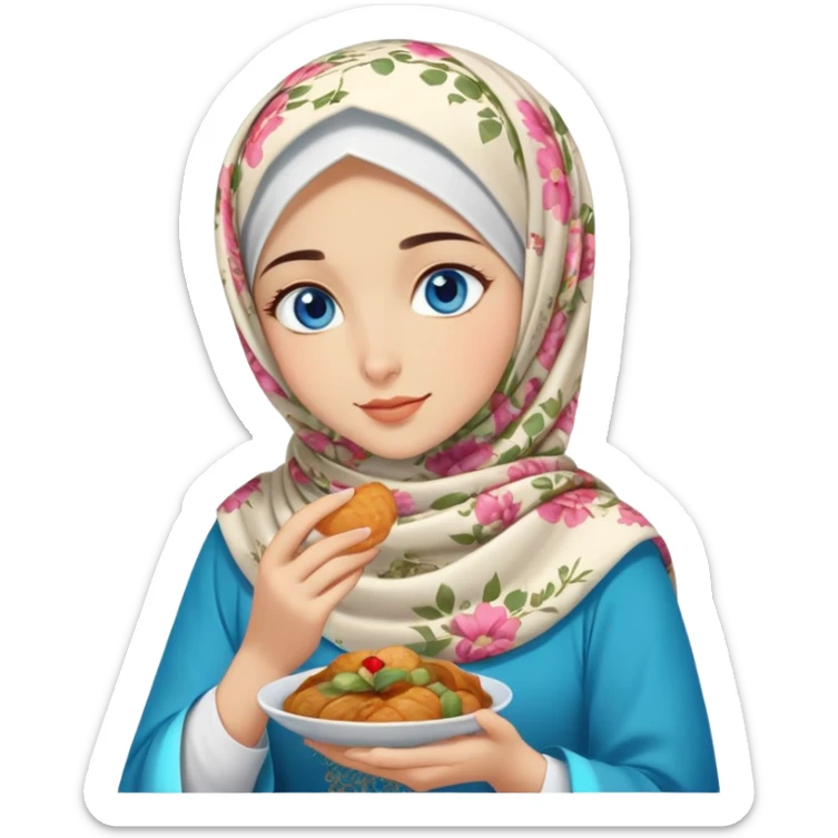 Turkish beautiful finish Konya girl blue eyes with floral hijab islamic dress and she’s savouring delicious food face sticker
