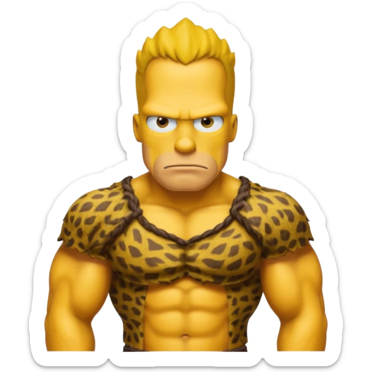 a simpson guy wearing ancient animal skin cloth, half body, icon, yellow skin sticker