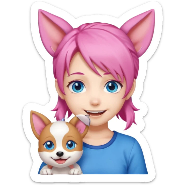 "Chibi-Anime-Girl mit Hundeohren, pinken Haaren, großen blauen Augen und breitem Grinsen." sticker