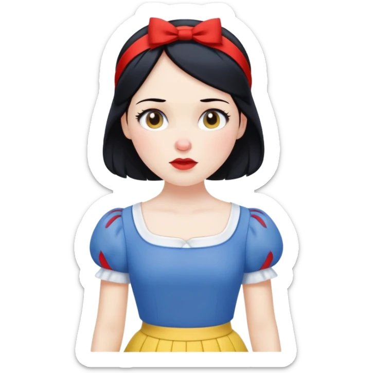 ultra simplified Snow White, blue top with yellow skirt, black hair with red headband, very minimal details, slightly zoomed out sticker
