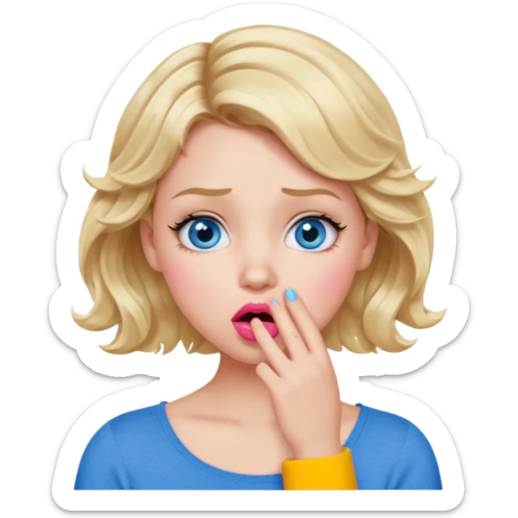 Girl Blonde short wavy hair,  blue eyes, cute blue top, long lashes, pink lips, shocked, hand over the mouth sticker
