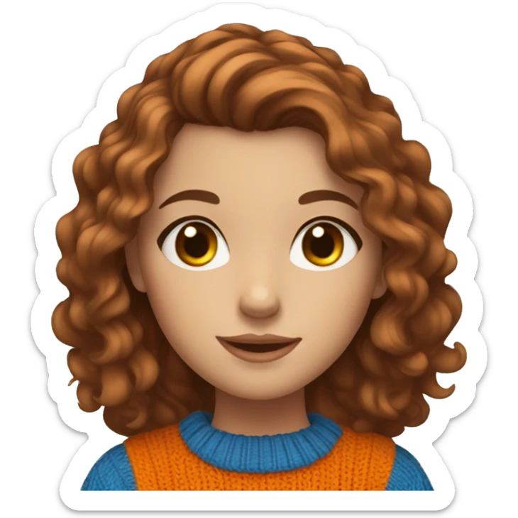 Beautiful girl with brown wavy hair, blue eyes, wearing orange sweater sticker