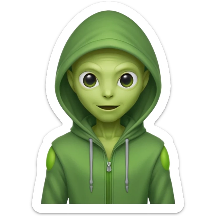 green alien in gray hoodie full height, wear hoodie hat, happy sticker
