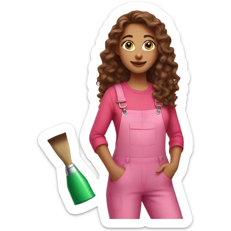 A woman with long brown curly hair, green eyes, wearing a pink overall and a paint brush with colorful paint sticker