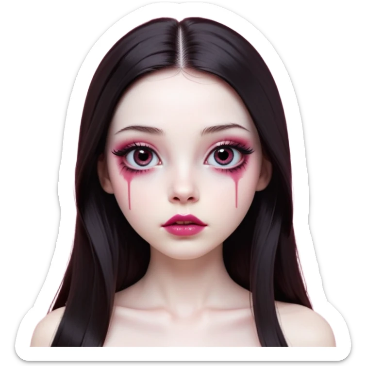 girl with white skin, dark brown long realistic straight hair with middle part prominently falling in front of her body over her shoulders, lips with reddish-pink shiny lip gloss and absolutely no cupid's bow, big round eyes with very black shiny eyeballs and natural long eyelashes, absolutely no eye makeup, no eyeshadow, no eyeliner, completely bare eyes, light pink blush on cheeks, lighter button nose, exceptionally elongated very long oval-shaped face, wearing a pink off-shoulder top, looking directly at camera with hands down at sides sticker