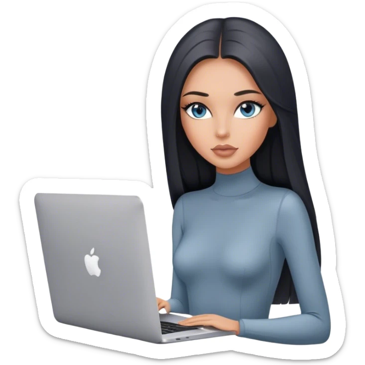 Glamours tanned very beautiful girl with pump peach nude lips and black straight smooth long hair, blue-grey eyes in grey bodysuit with MacBook sticker