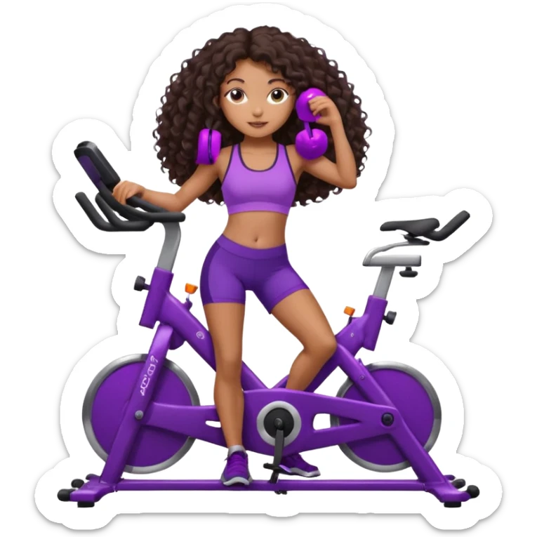 African American girl with long dark brown curly hair, purple workout set leaning on a indoor spin bike with NO HELMET,  sticker