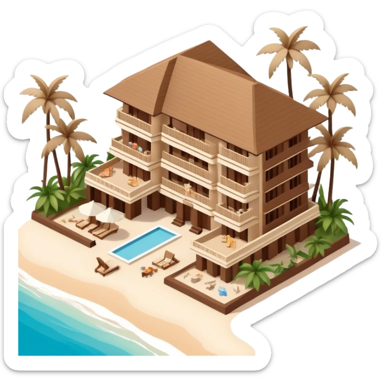 Isometric exterior brown and beige polynesian beach hotel resort in Hawaii, dollhouse style 3D realistic  sticker