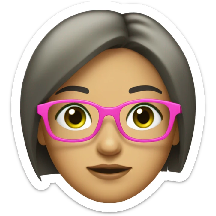 Italian girl, dark hair, green eyes, hair bang and big pink glasses square shaped sticker