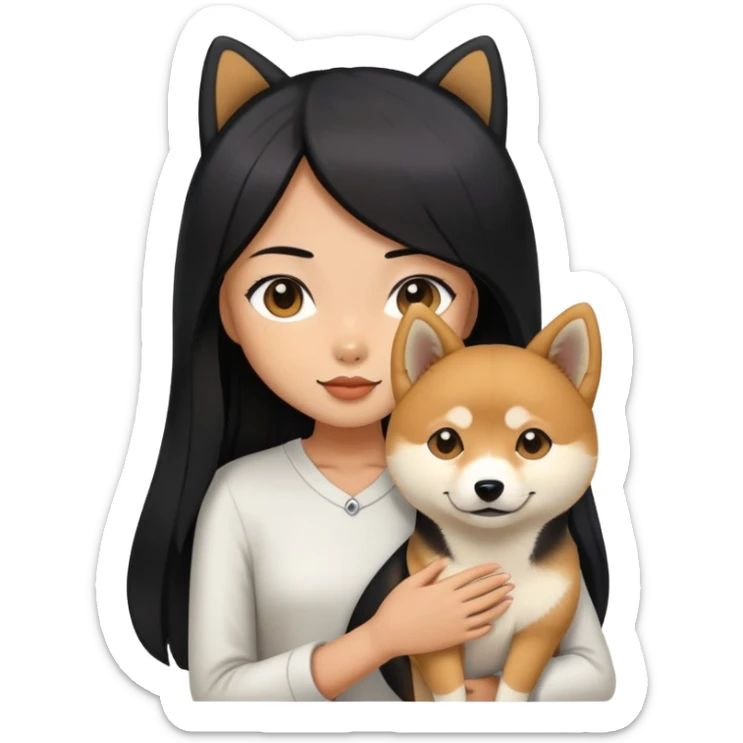 A girl with long black straight hair holding a black Shiba Inu sticker