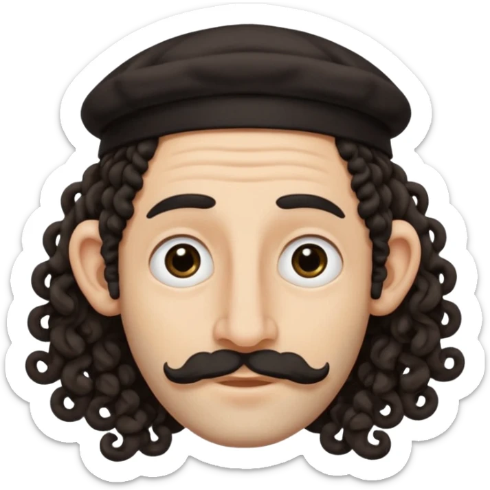 jewish jew man's face, wearing a tiny black kippah and 2 curly long hair strands near the ears, big nose, only face, no body, no mustache sticker