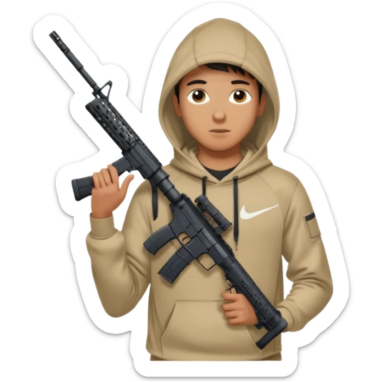 
Fais moi un jeune taliban qui ressemble qui tient une AR15 avec un hoodie a capuche, capuché, avec la cagoule nike therma fit hood sticker