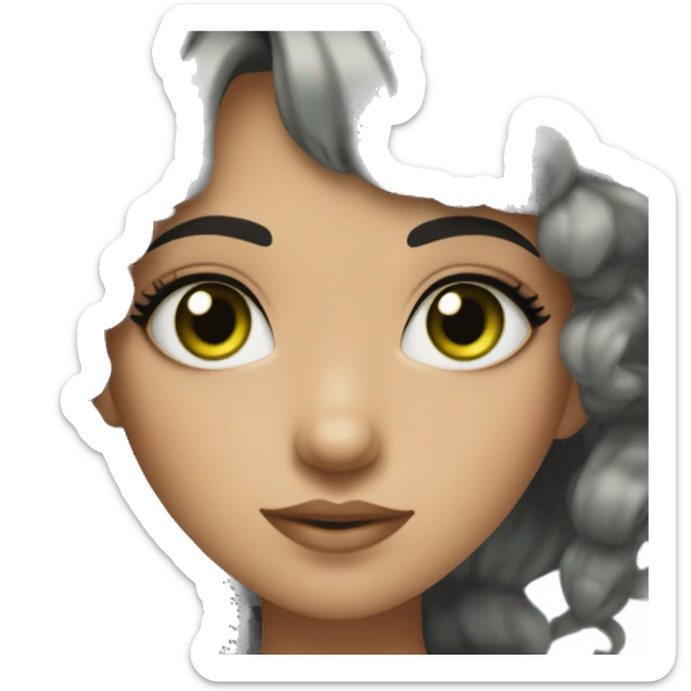 A girl with short, messy black hair, green eyes with circles, and thick eyelashes sticker