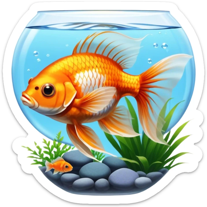 Large aquarium fish like veil tails and lionhead goldfish swimming gracefully in a beautifully decorated aquarium. Colorful aquatic plants, smooth rocks, and gentle bubbles surround the fish. The water shimmers in sunlight, creating a peaceful and vibrant underwater scene. Transparent background. sticker
