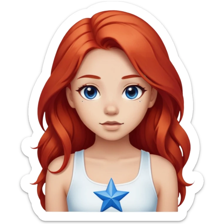 a girl with a red long hair and a black eyes and a light skin ton and a cute look she is wering a crop top colored white and in the midle of it a blue star sticker