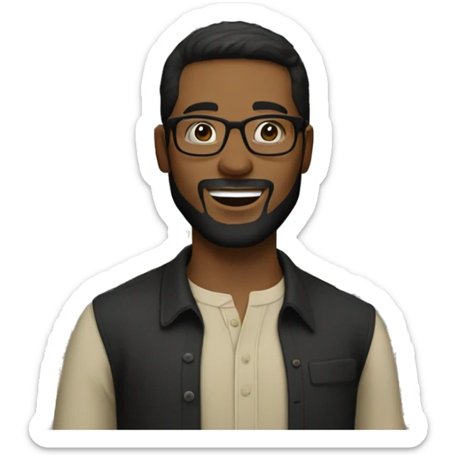 A man with glasses, short dark hair, and a beard wearing a black button-up shirt and light colored pants, standing in front of a colorful background with text. sticker