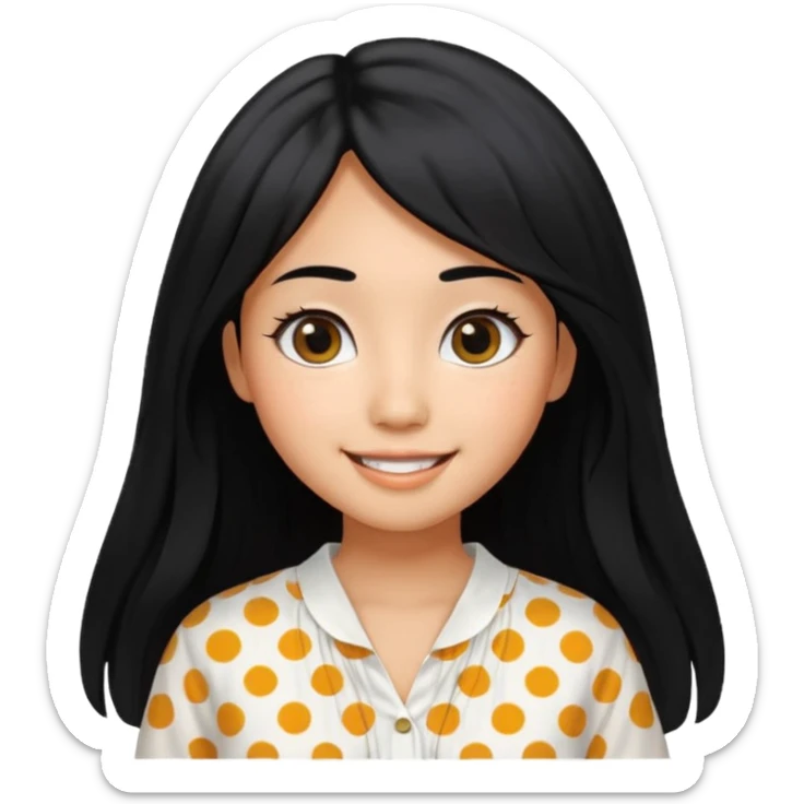 20 yr old asian woman hair white blouse with black dots center part big eyes big smile tanned skin straight black hair hippie part hair  sticker