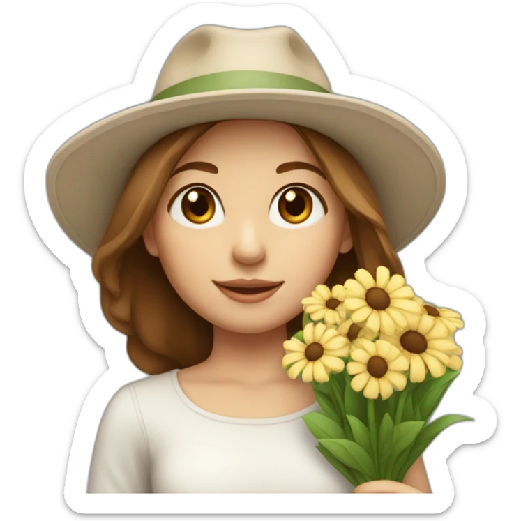 white skin, Girl with a hat, brown hair straight to the shoulders, holding a bouquet of flowers sticker