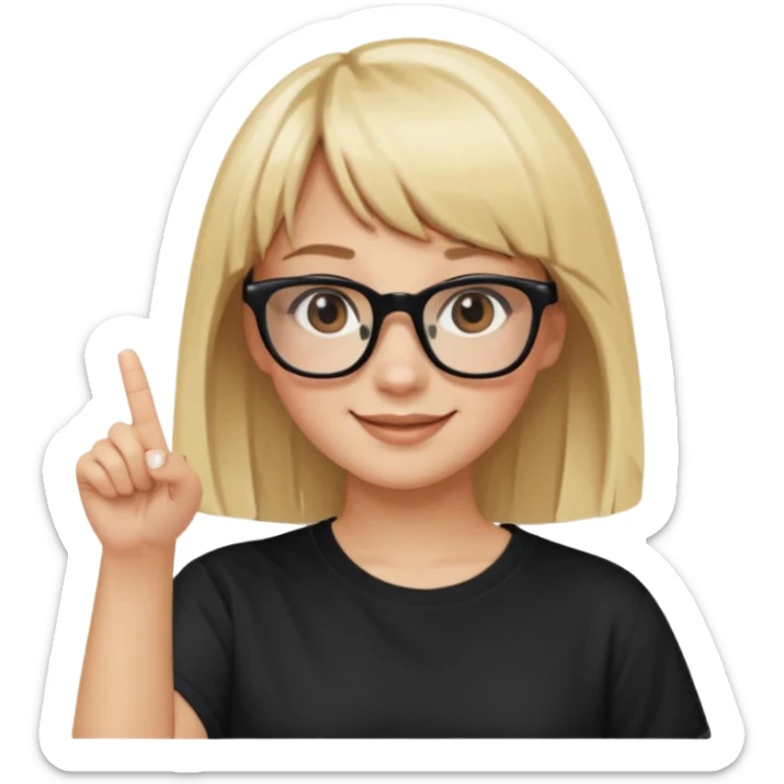 smiling girl with blonde hair, bangs, and brown eyes, wearing black square glasses and a white oversized T-shirt, pointing her finger up to the right, Apple emoji style sticker