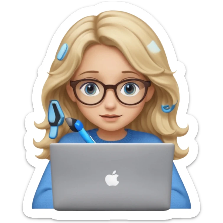 blonde girl with long dark blonde wavy hair, blue big eyes, pantos-style glasses, a brown sweater, sitting and looking in laptop, soft pastel, upper body shot sticker
