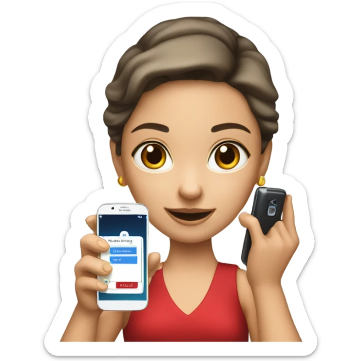 a white girl in a red dress holding a cell phone showing it sticker