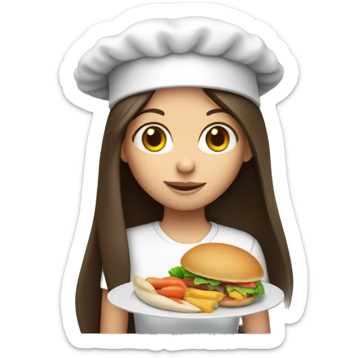 Brunette long straight hair girl holding food plate in a cook hat sticker