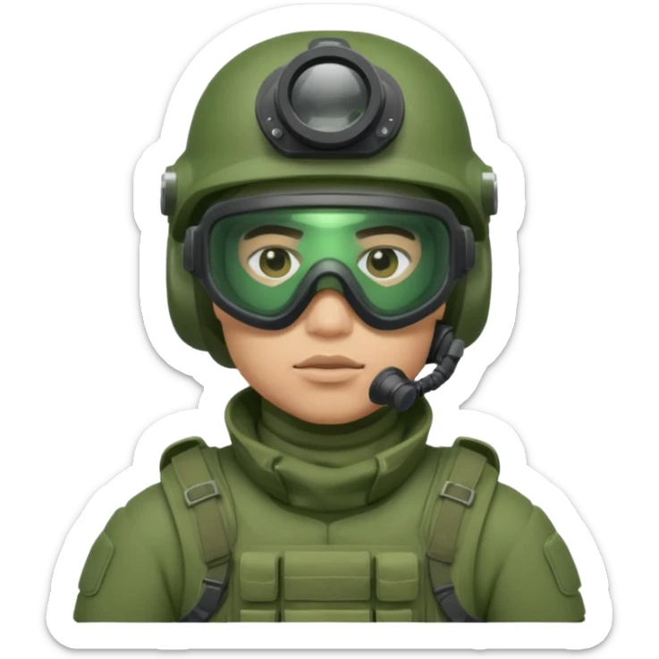 male modern infantry soldier with green body armor, helmet, mask, and night vision goggles, cool and brutal sticker