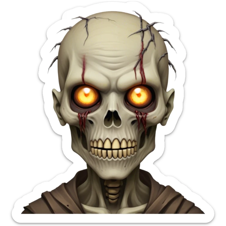 Cinematic Realistic WoW undead civilian Portrait, head tilted epicly and inquisitively, showcasing grim resilience and defiant strength. His withered, pallid skin and intense, glowing eyes contrast starkly with his worn, earth-toned clothes, rendered in meticulous detail. With dynamic, high-contrast lighting and high shine, this portrait exudes an epic aura, capturing the relentless will of a battle-hardened undead civilian. sticker