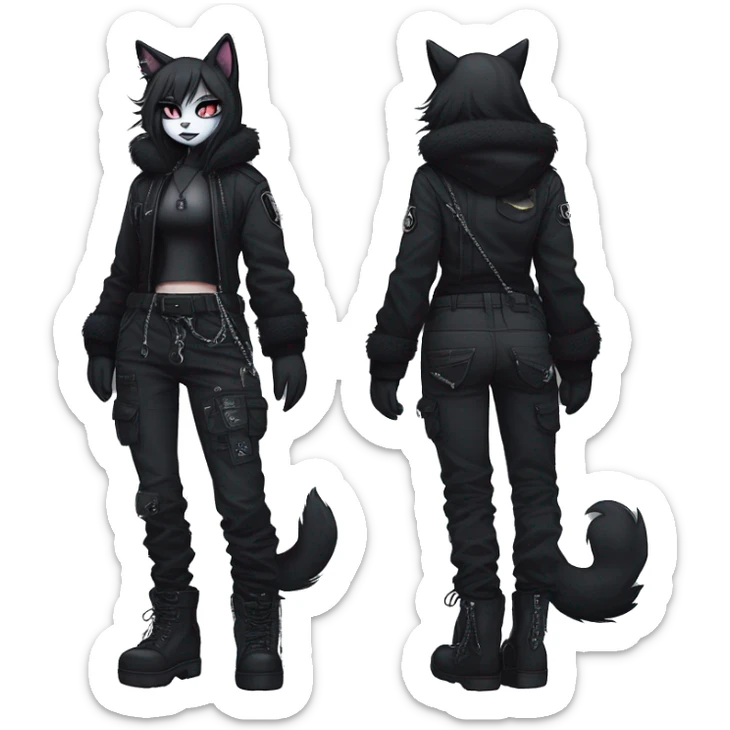 Gorgeous furry gothic dark techwear anime style anthro black cat furry sona Fakemon with blushing face aesthetic and pretty edgy black with collar and harness trending style chains cargo pants tomboy sticker