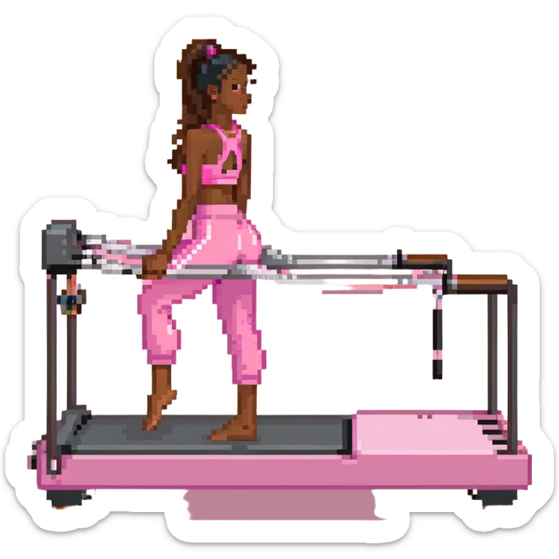 Brown girl in pink outfit on pink reformer pilates sticker