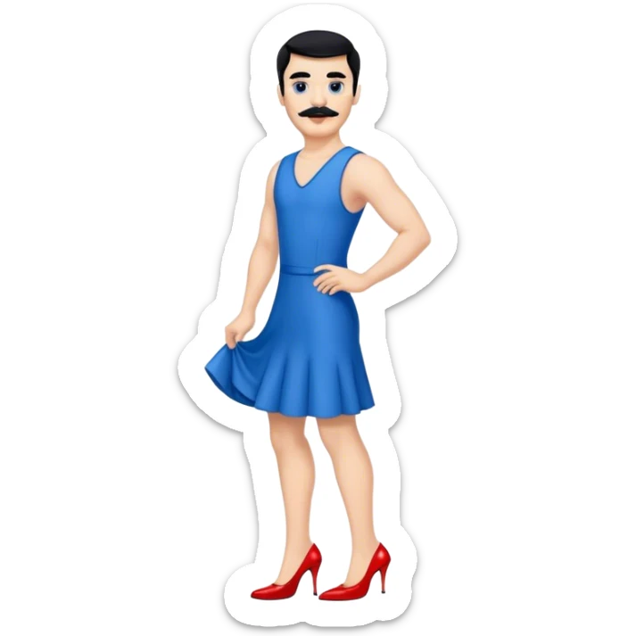 Man in a blue dress and red high heels with black hair and black mustache  sticker
