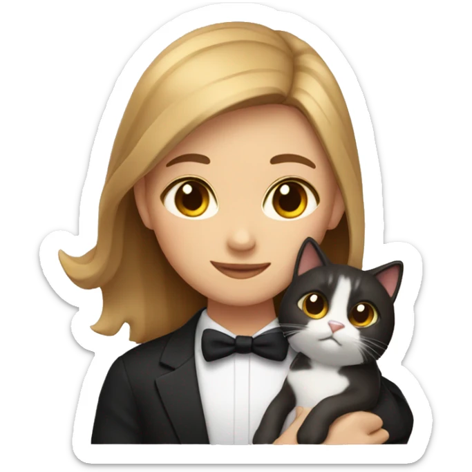 girl with light brown hair & brown eyes hugging tuxedo cat emoji sticker