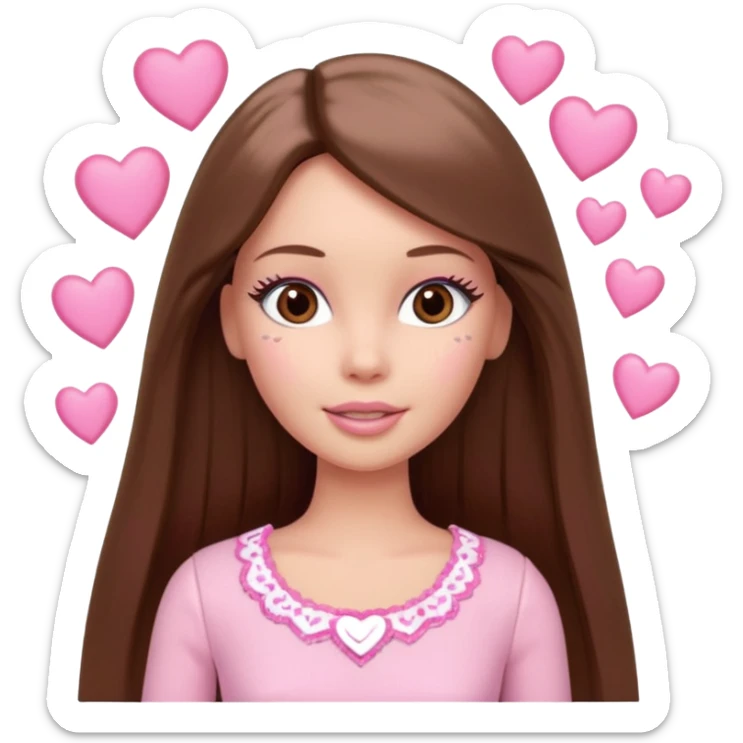 Barbie girl , brown long straight hair and brown eyes is In pale pink clothes There are pink hearts all around sticker
