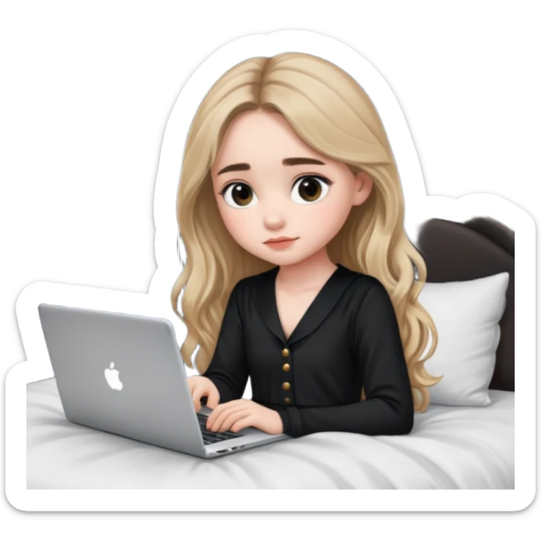 Sabrina carpenter in a black nightdress sitting on a bed with her laptop open  sticker