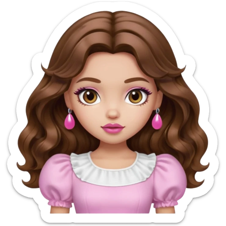 generate a pretty bratz girl with in a white puff sleeve top. Pink lipgloss. Brown wavy hair long.  sticker