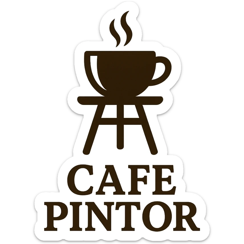 logo for 'CAFE PINTOR' combining a coffee cup and an artist's easel, stylish and welcoming sticker