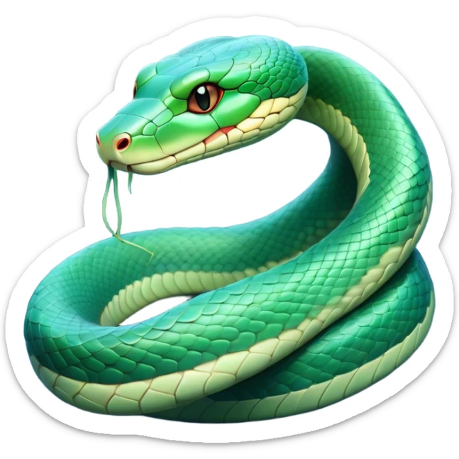 Cinematic Noble Chinese Water Snake Portrait Emoji, Poised and graceful, with a slender, sinuous build and a sleek, iridescent coat of muted greens and blues, deep-set soulful eyes, Simplified yet sharp and sophisticated features, highly detailed, glowing with a soft, dignified aquatic glow, high shine, intelligent and fluid, stylized with an air of waterborne elegance, focused and attentive, soft glowing outline, capturing the essence of a watchful and confident water snake that feels as though it could glide out of the screen with effortless authority! sticker