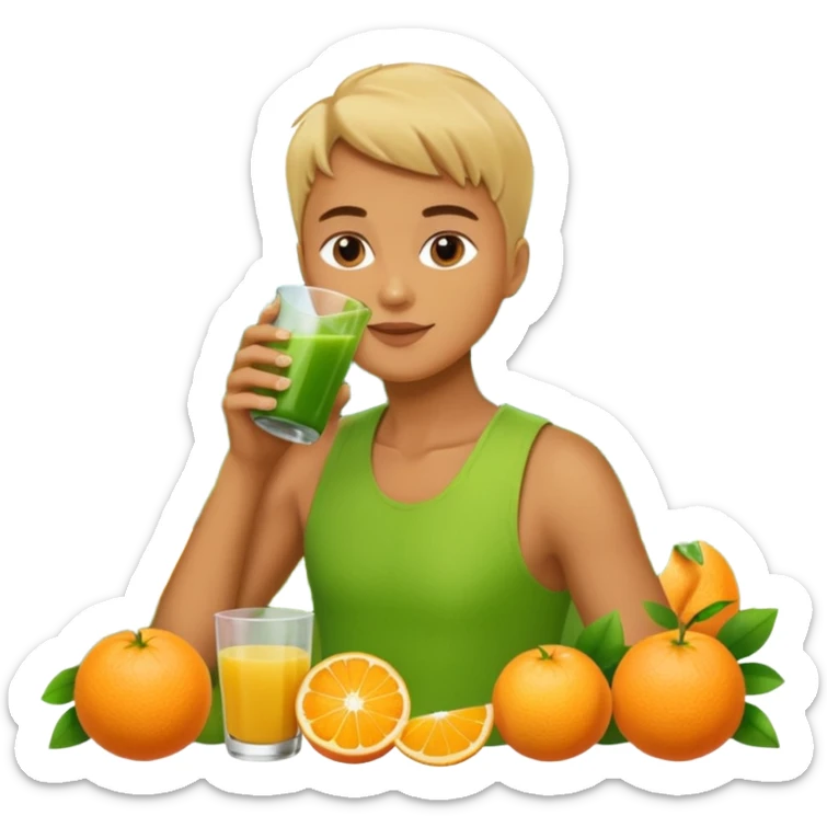 juice, colors yellow,orange,forest fruits, person, green juice sticker