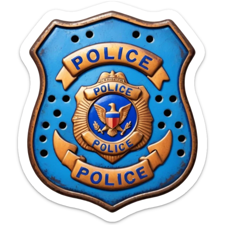 synthwave - aesthetic brilliant divine lighting, oil paint - vintage police badge rusty and perforated sticker