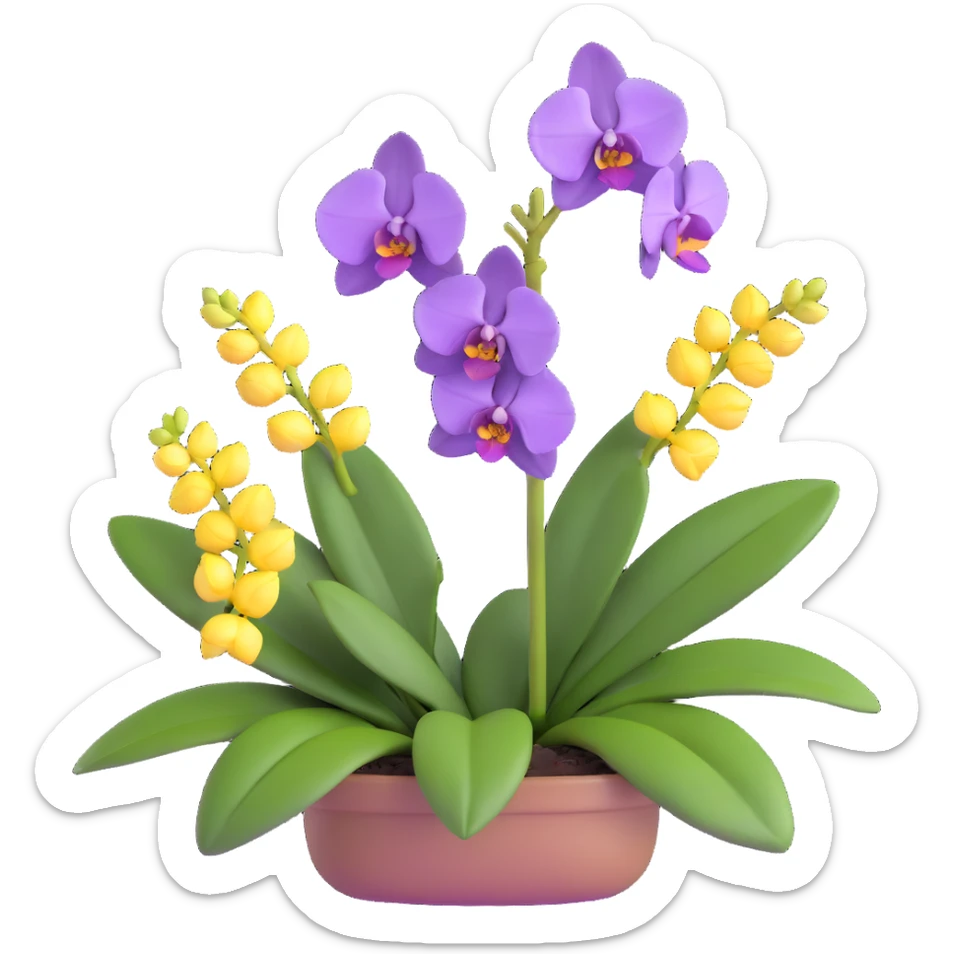 Realistic purple phalaenopsis orchid with rich lavender blooms and prominent large green leaves clearly visible sticker