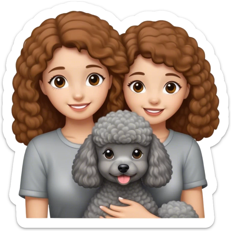 A girl with straight, caramel brown hair holding a grey poodle sticker