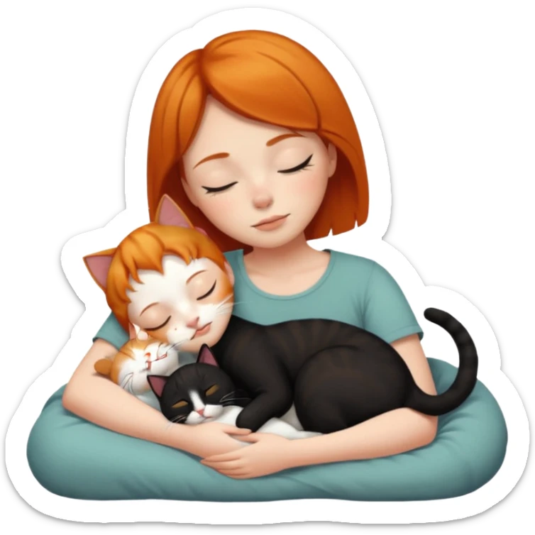 Ginger Girl short hair sleeping with two cats a black and a white bigger cat  sticker