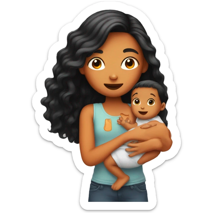 Girl with long orange hair holding baby boy with black hair  sticker