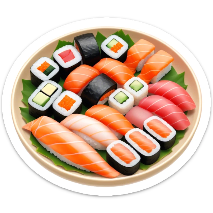 Cinematic Realistic Sushi Dish Emoji, depicted as an artful arrangement of fresh sushi with vibrant colors rendered with lifelike textures and delicate, natural lighting. sticker