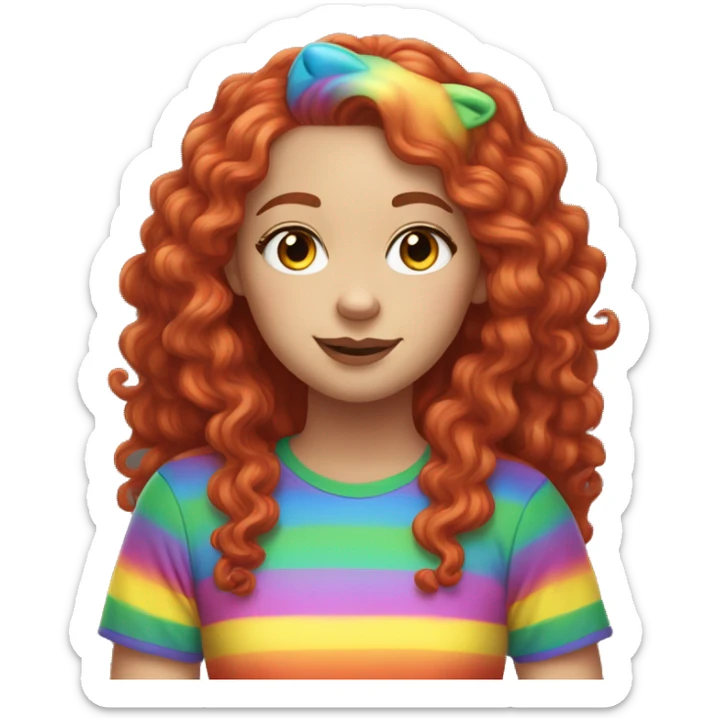 white girl with long red curly hair, wearing a rainbow cat shirt doing a pose sticker
