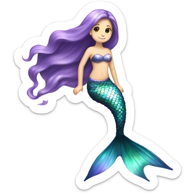 Iridescent mermaid tail full body white girl long hair brown and purple sticker